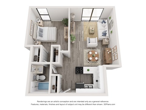 Floor plan for 1 bed, 1 bath, 698 sqft